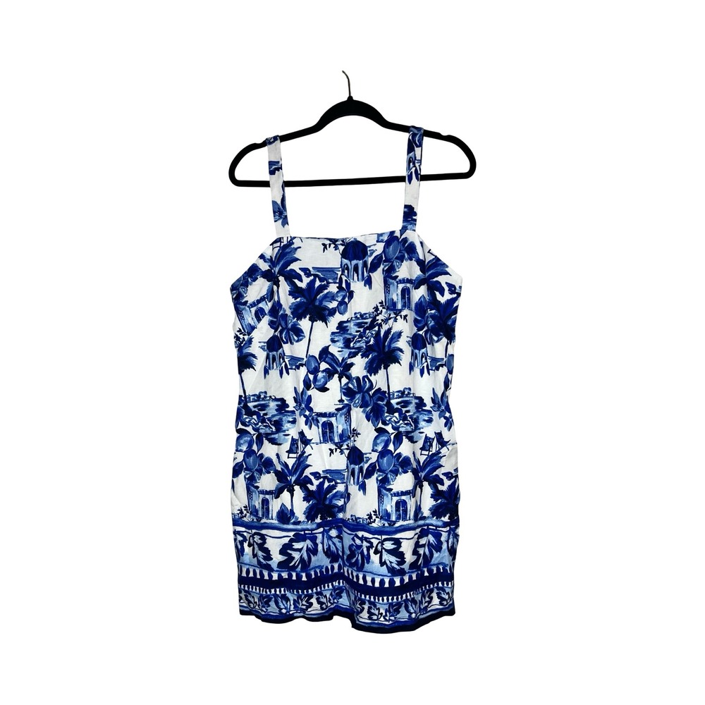 LOFT Blue White Linen Blend Tropical Landscape Toile Shift Dress Size 10 NWTn